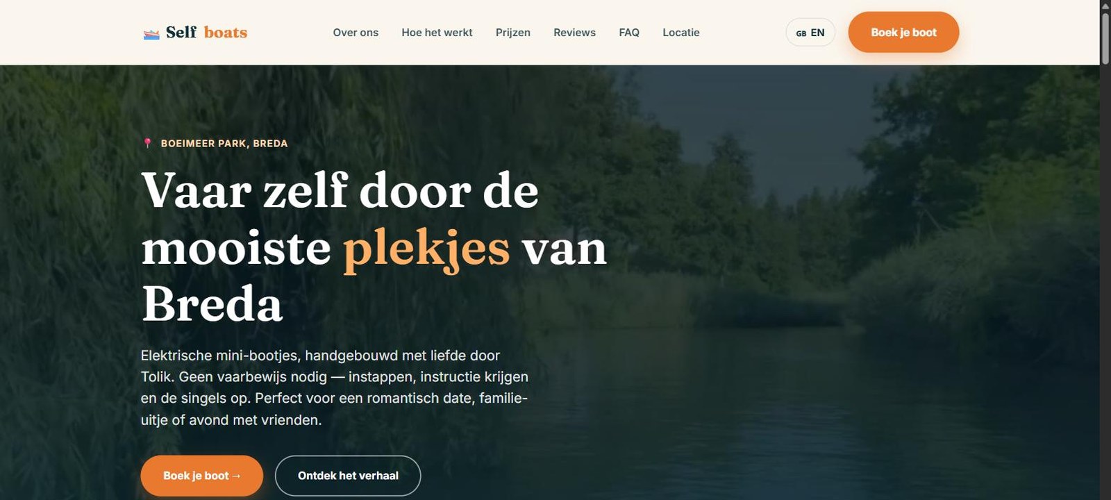 Homepage van Selfboats, boekingswebsite voor elektrische verhuurbootjes in Breda